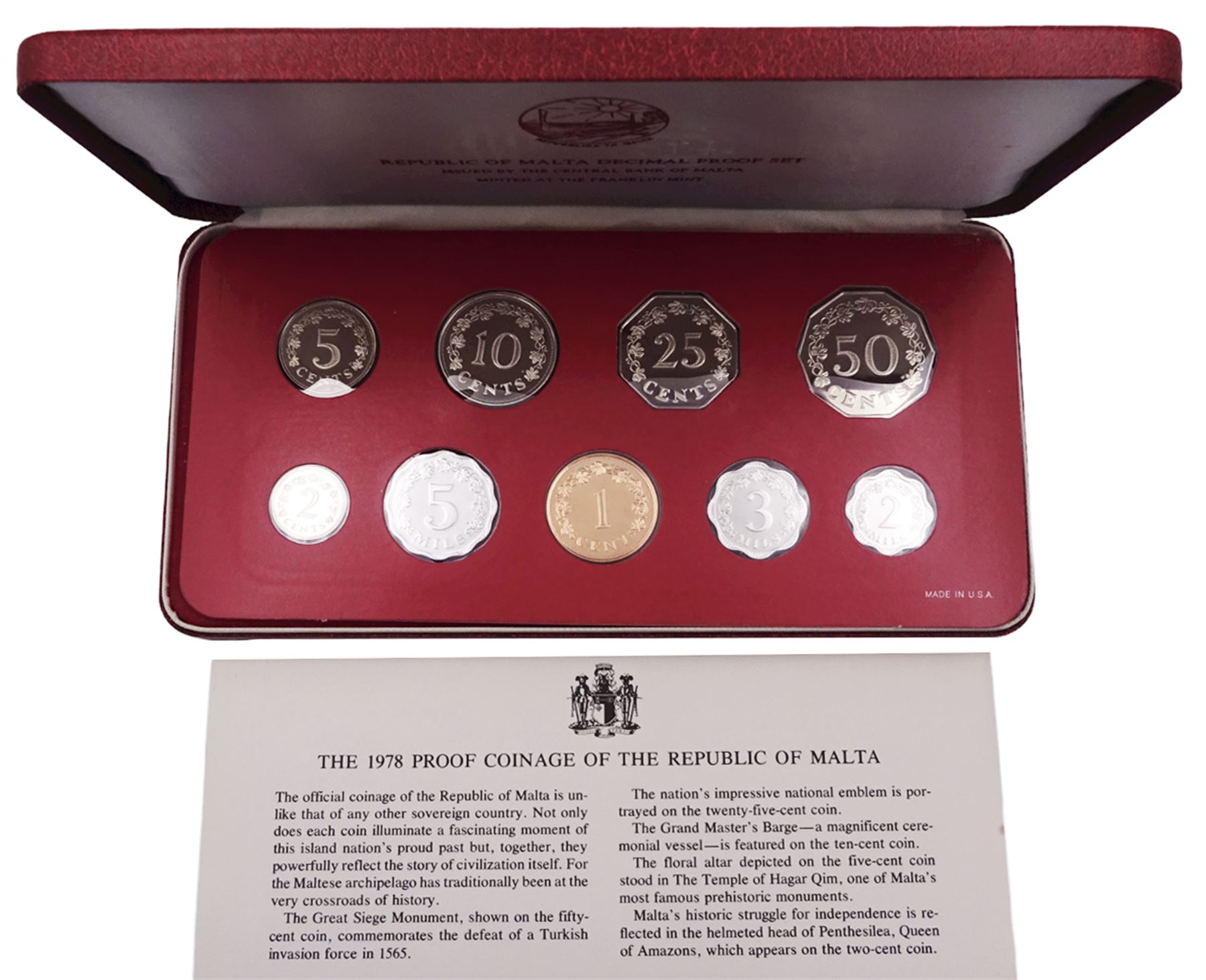 The Royal Mint United Kingdom 1997 silver proof two-coin fifty pence set, 2001 silver proof piedfort one pound coin and 1999 silver proof five pound coin all cased without certificates, Republic of Malta 1978 nine-coin proof set cased with certificate, Republic of Botswana 1976 six-coin set