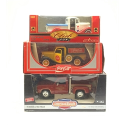 Three 1:18 scale die-cast trucks comprising Ertl American Muscle '78 Dodge Lil Red Truck, Majorette Club 1936 Ford Pick-Up and Hartoy Coca-Cola branded truck, all boxed (3)