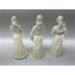 Six Royal Worcester figures, comprising The Wedding Day, New Arrival, The Christening, First Steps, Once Upon a Time and Sweet Dreams, all with printed marks beneath 