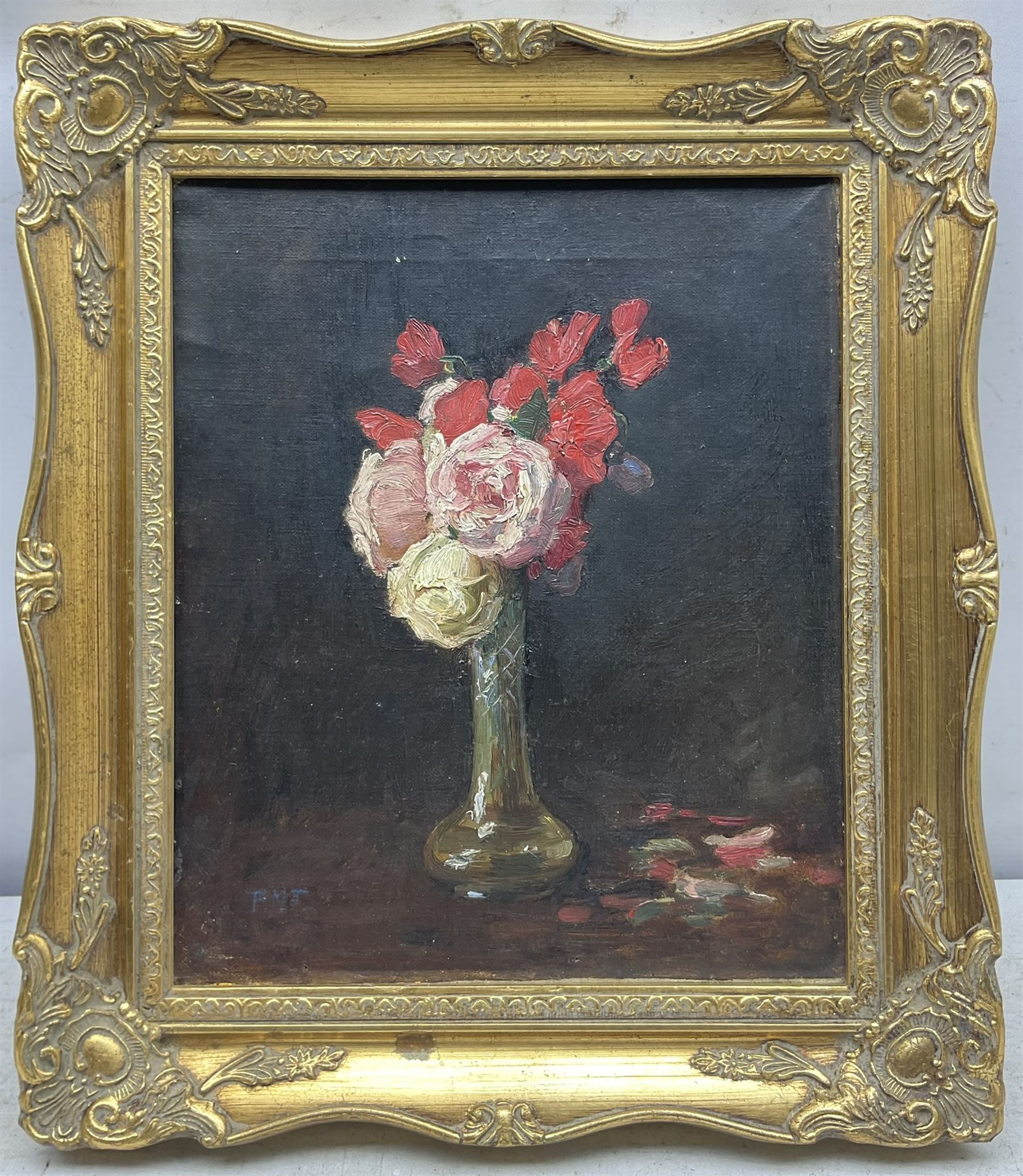 Percy Morton Teasdale (Staithes Group 1870-1961): Still Life of Roses, oil on canvas signed with initials 30cm x 25cm