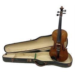 German copy of a Maggini violin c1900 with 35.5cm two-piece maple back and ribs and spruce top, bears label 'Maggini Deutsche Arbeit 1866' L59cm; in carrying case with bow