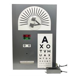 Mid 20th century optician's illuminated eye test chart, cased in grey metal box with separate control switch box, H88cm D19cm W58cm