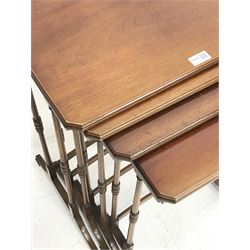 *20th century mahogany quartetto nest of four tables, moulded rectangular top with canted corners, on turned supports, 56cm x 38cm, H70cm 