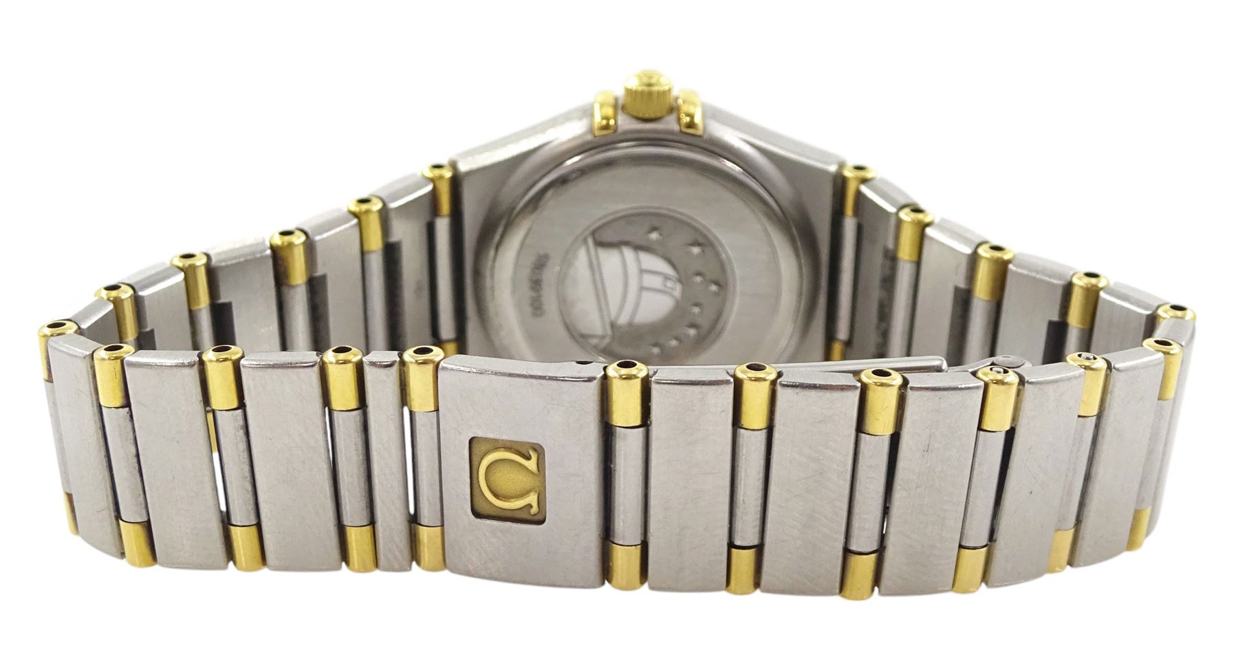 Omega Constellation ladies bi-colour quartz wristwatch, silvered dial with baton hour markers and Roman numeral bezel, on original Omega bracelet, with fold-over clasp