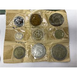 Great British and World stamps and coins, including various Queen Elizabeth II mint stamps in presentation packs, pre decimal coinage, 1995 old style two pound coin, etc