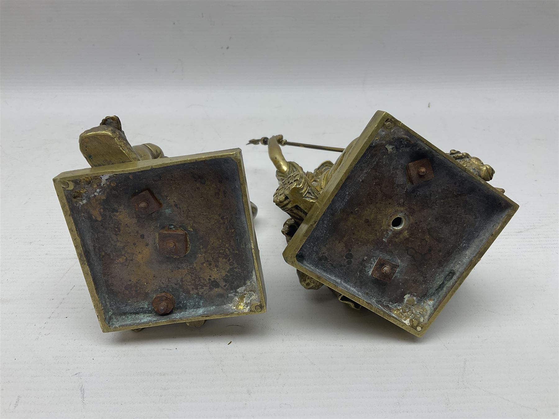Pair brass grand tour style figures of Minerva and Mars, each on a square base, Minerva H18cm