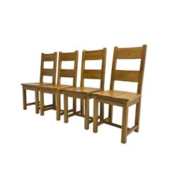 Set four light oak dining chairs, high back over panelled seat. raised on square supports