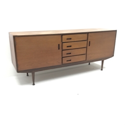  Meredew - 1960s teak sideboard, four drawers flanked by two cupboards, turned tapering supports, W170cm, H72cm, D47cm  