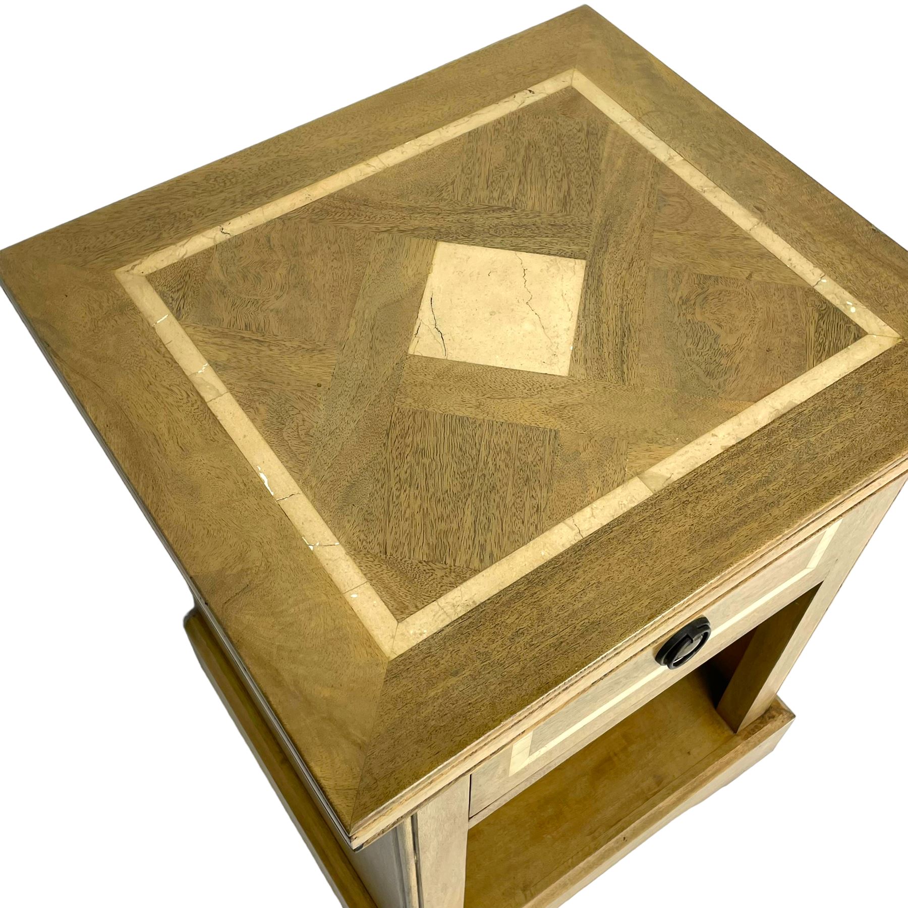 Barker & Stonehouse - 'Flagstone' mango wood bedside stand fitted with drawer and under tier, inset with stone geometric inlays, plinth base