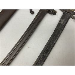 French Model 1874 Epee bayonet marked Oulle 1876 in associated scabbard; Model 1866 sabre bayonet in cut-down sword scabbard; and Model 1842/59 sabre bayonet in relic condition (3)