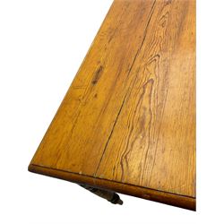 19th century pitch pine dining table, rectangular moulded top, on turned supports 