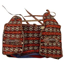 South West Persian Qashqai bag, woven body decorated with bands of geometric motifs in red...