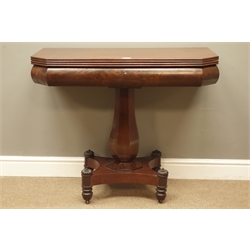  Late Regency period mahogany tea table, fold-over swivel top, pedestal base, W91cm, H74cm  