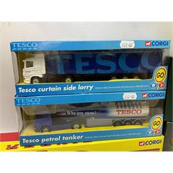 Corgi - 16801 Pinder Jean Richard Scammell Highwayman with two animal cages; CC12303 Premium Edition Scammell Contractor Austen Bros.; 80307 limited edition Vintage Glory Garrett Road Tractor and Flatbed Trailer; 09802 ERF 8 Wheel Rigid with load; 98459 White Soda Truck; and two Tesco lorries; all boxed (7)