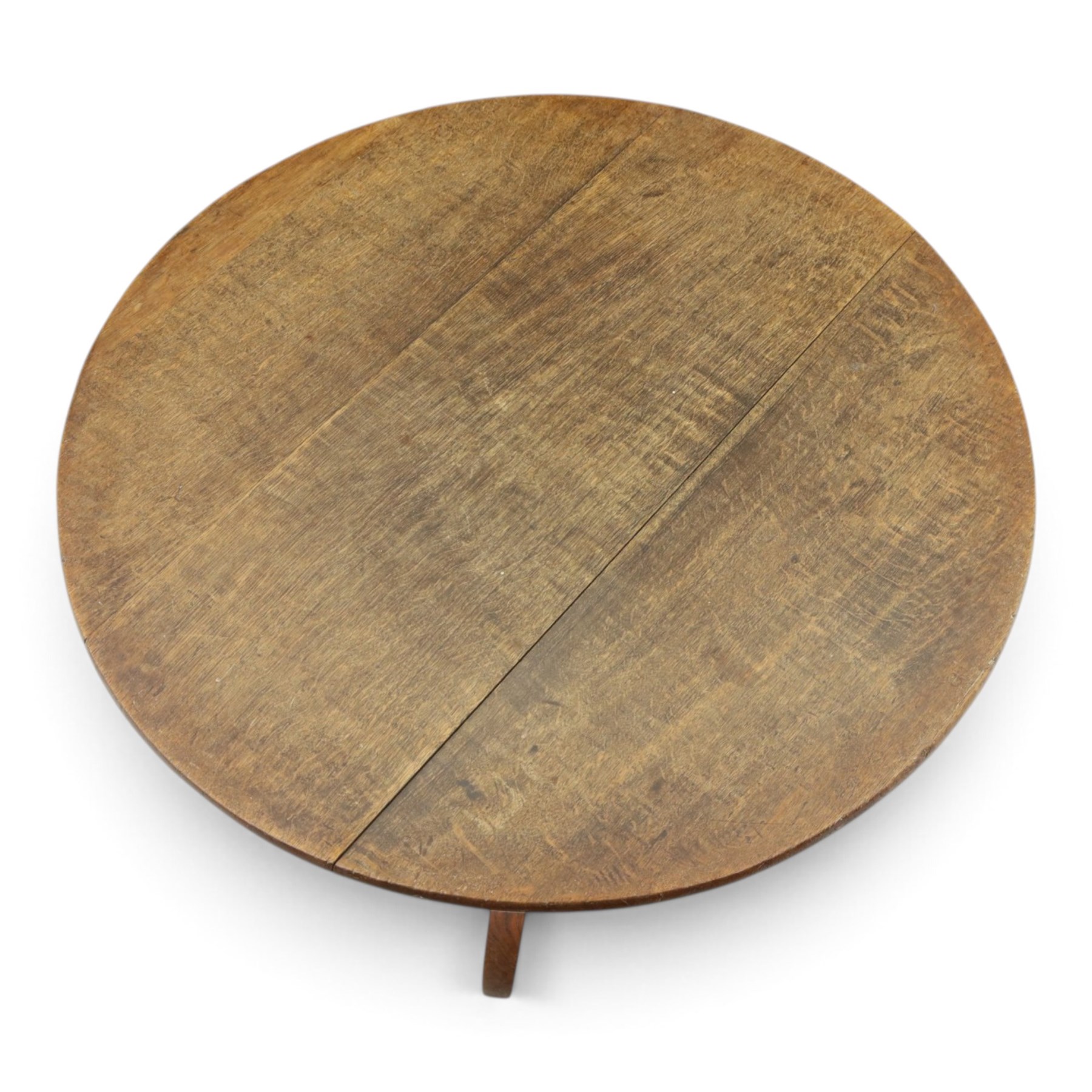 George III country oak tilt-top tripod table, circular snap-top on turned vasiform pedestal with three splayed supports