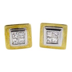 Pair of 18ct white and yellow gold diamond stud earrings, each stud with four pave set princess cut diamonds