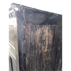 17th century oak chest on stand, moulded cornice over block work frieze, the upper section fitted with three long drawers each decorated with applied geometric mouldings and faceted panels, panelled sides with moulded frame, the stand fitted with two drawers, on five turned supports united by plan flat stretchers, terminating to turned feet