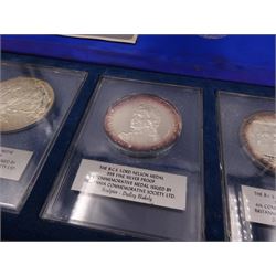 British Commemorative Society Ltd, set of six commemorative .999 fine silver proof medals, no. 1 to 6 , to include the William Medal, The Magna Carta Medal, The Lord Nelson Medal, The Canadian Centenary Medal, The Churchill Memorial Medal and The William Shakespeare Medal, each contained within clear perspex cases, in a silk lined fitted case
