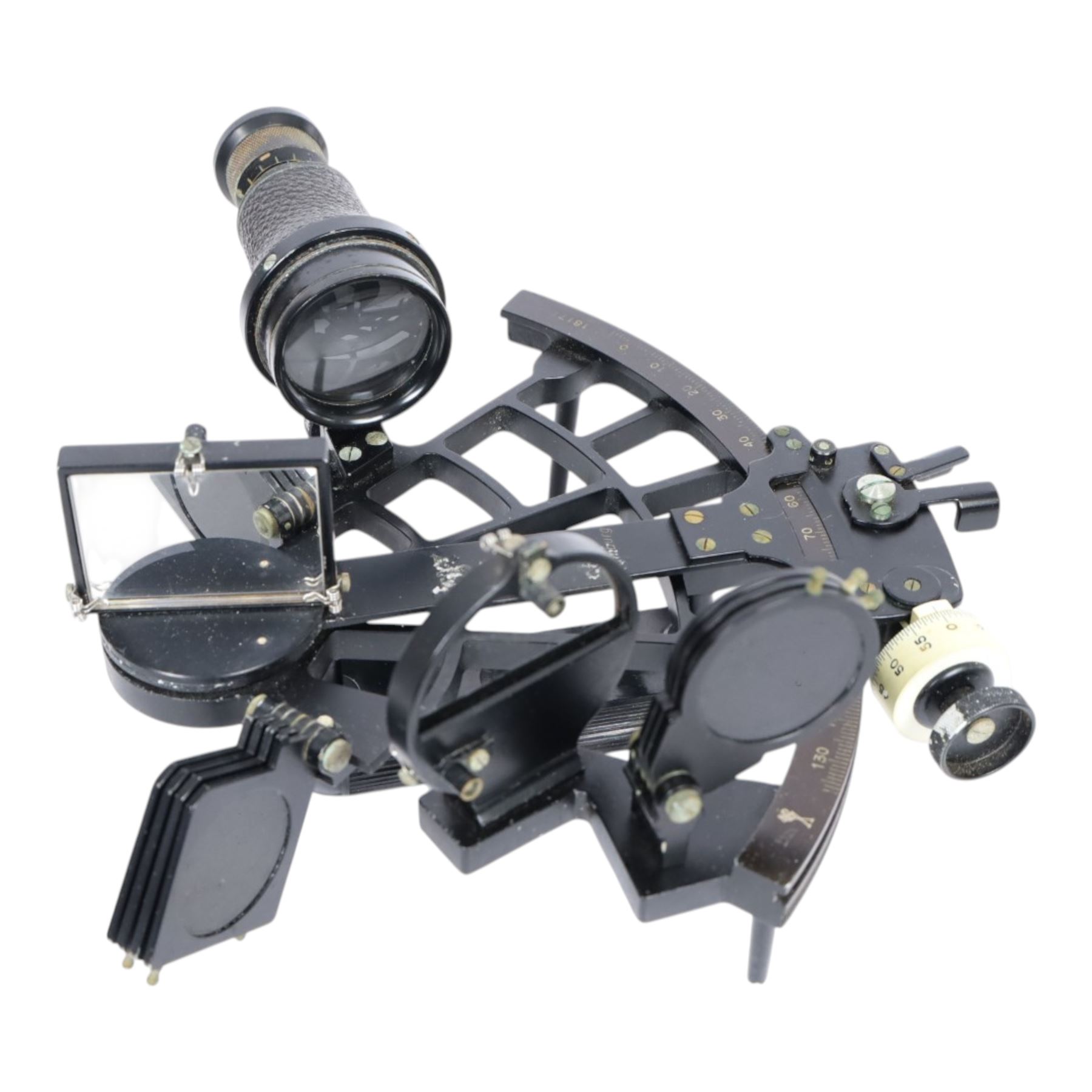 WWII Nazi German Kriegsmarine sextant by C. Plath, Hamburg, marked with impressed manufacturer’s logo, name and location, index arm stamped with Nazi eagle and swastika over Runic M, 2302, in original transit case with examine certificate by Deutsche Seewarte to the lid