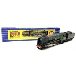 Hornby Dublo - three-rail Rebuilt West Country Class 4-6-2 locomotive 'Dorchester' No.34042 with tender, instructions and amendment sheet, guarantee and oil tube in blue striped box