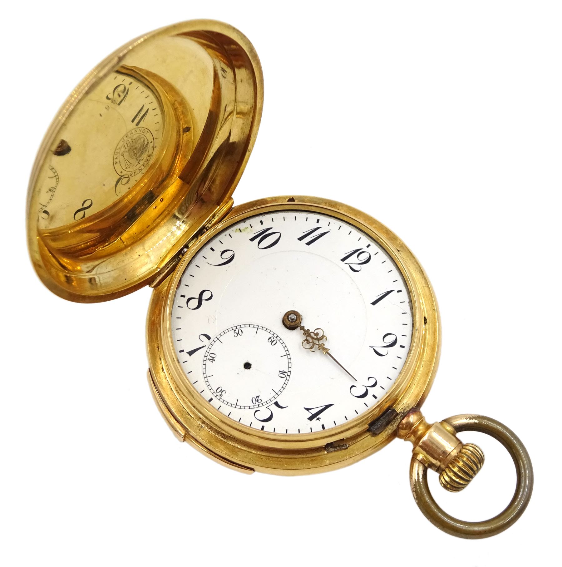 18ct gold full hunter keyless quarter repeating lever pocket watch, the gold inner dust cover engraved 'No 540 Antonio Veronesi Cairo', white enamel dial with Arabic numerals, case by Paul Jeannot  Geneve, stamped 18K
