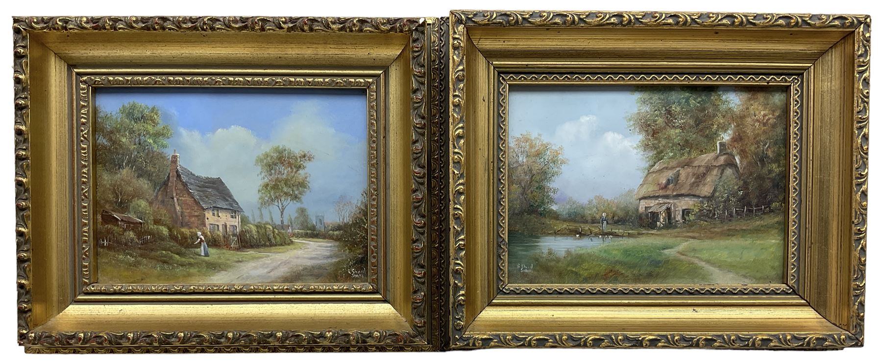 Richard Rhead Simm (British 1926-2019): Cottage Scene with Figure, pair oils on board signed 12cm x 16cm (2) 
Notes: Simm was an artist for Royal Doulton 