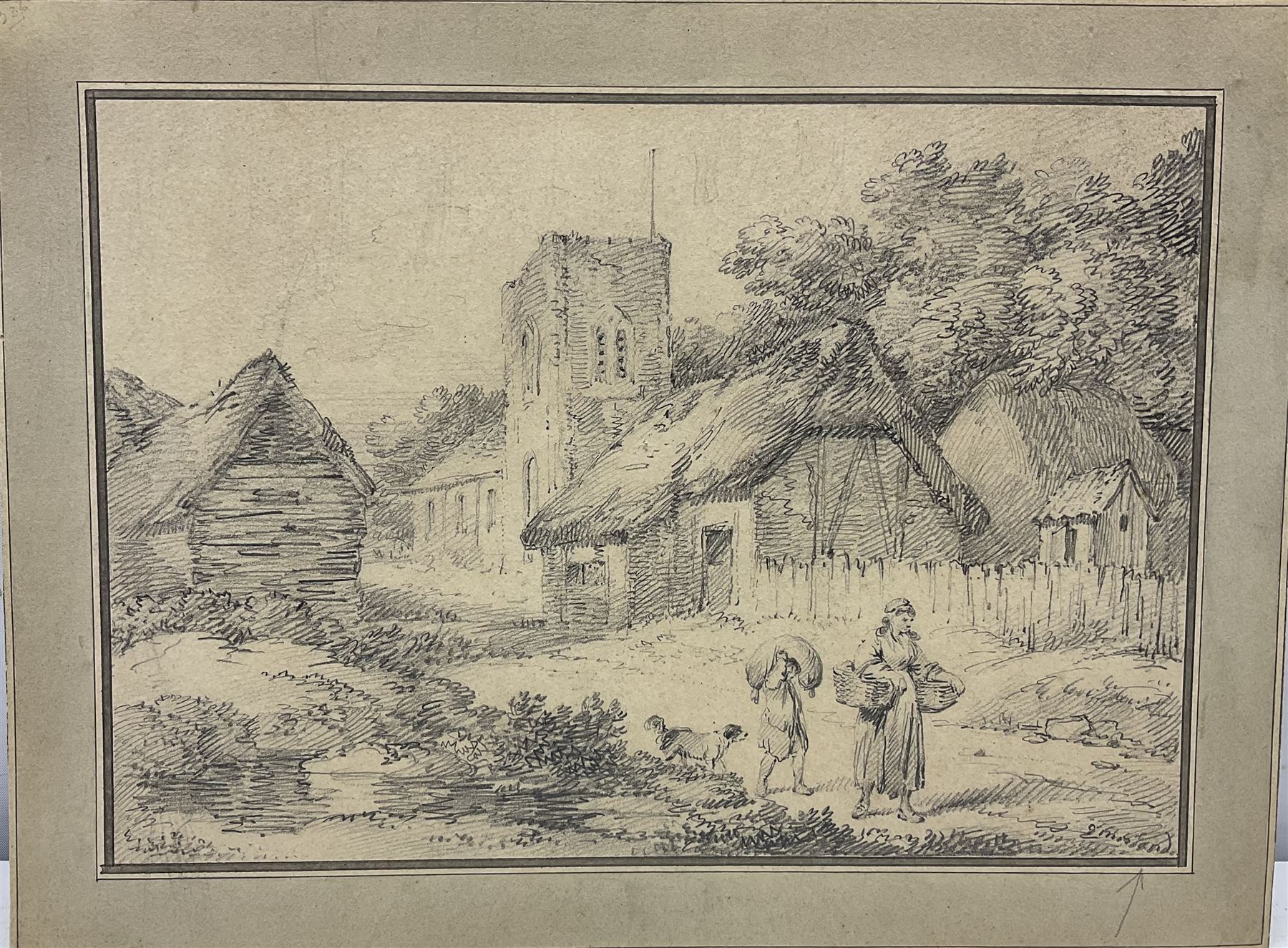 George Morland (British 1763-1804): Figures Outside a Country Church, pencil with washed border signed 18cm x 26cm