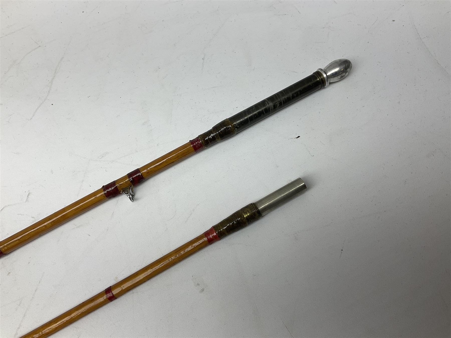 Hardy 'The Sir Edward Grey' two piece split can fishing rod, with cork handle and brass fittings marked Hardys, with a Hardy cover