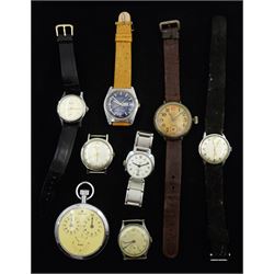 Collection of gentleman's stainless steel manual wind wristwatches including Services, Everite Seven, Cyma, Rotary, Timex and Nomad, Ingersol Wrist trench design wristwatch and a Junghans 1/10 stopwatch