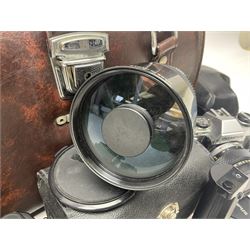 Olympus OM-2 camera body, serial no 1117526, with Olympus OM-System Zuiko Auto-W 28mm 1:2.8'  lens serial no 336591, Olympus OM10 camera body serial no 2392257, with Olympus OM-System Zuiko Auto-Macro 50mm 1:3.5' lens serial no 225784, Soligor C/D mirror lens 1:8 f=500mm' serial no 784035650 together with other camera equipment 