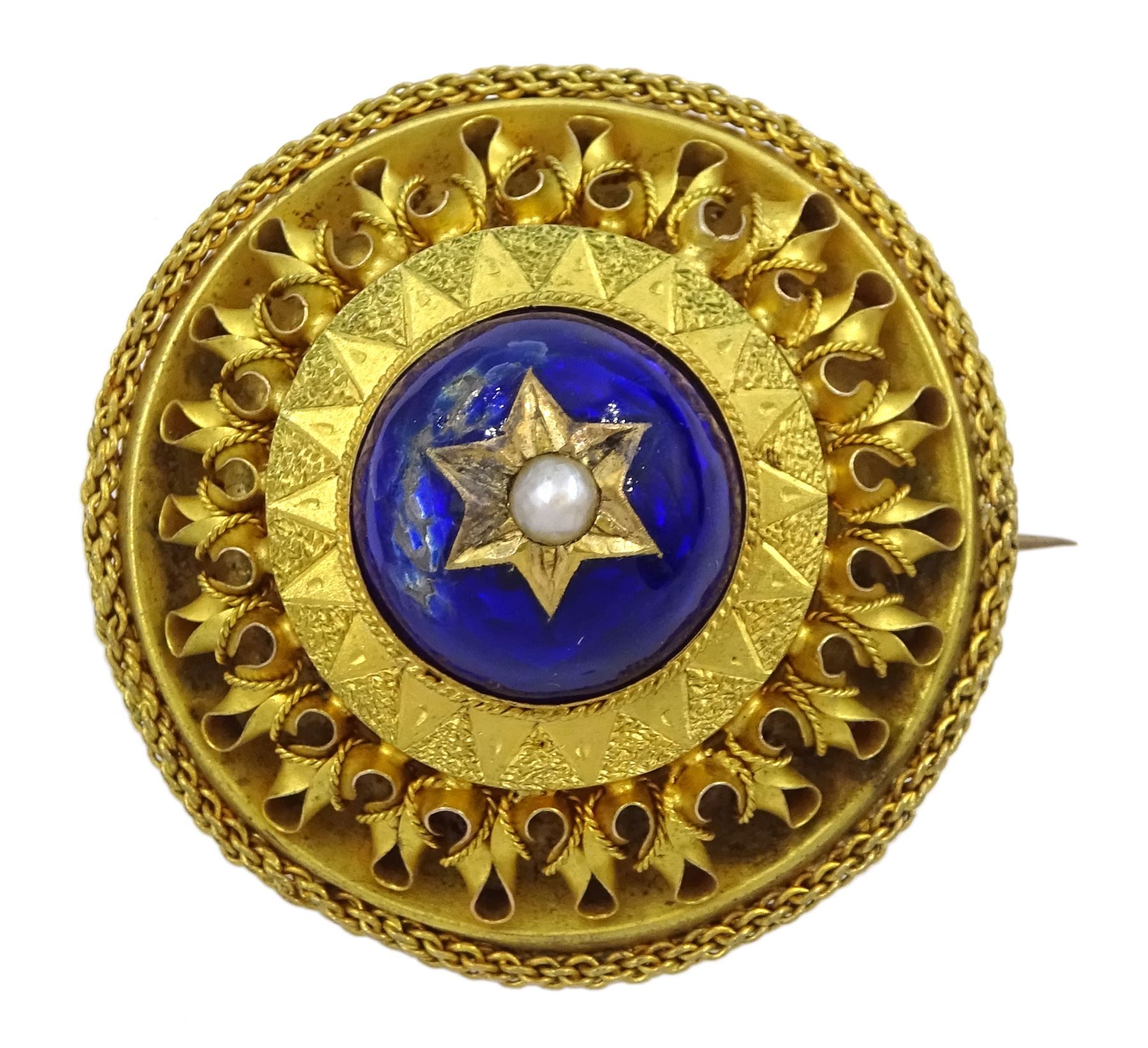 Victorian 18ct gold enamel and seed pearl hinged bangle and matching brooch, each star set with a seed pearl and blue enamel dome within a circular cannetille frame, each with a glazed panel verso, the hinged bangle with foliate engraved decoration, in fitted case