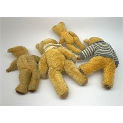 Four 1950s English teddy bears including Chad Valley bear with swivel jointed head, glass type eyes, vertically stitched nose and mouth and jointed limbs H15