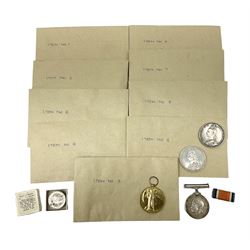 Mostly Great British coins including Queen Victoria 1887 and 1888 crowns, pre-decimal coinage, various five pound coins etc and a WWI War and Victory medal pair named to '16903 PTE. H. SCHOFIELD. 2-CO. OF LOND. Y.'