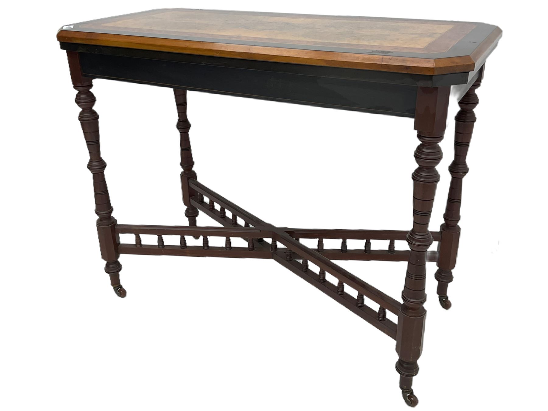 Late Victorian figured walnut and amboyna card-table, rectangular fold over top with baize lining, on turned supports joined by x framed balustrade stretchers
