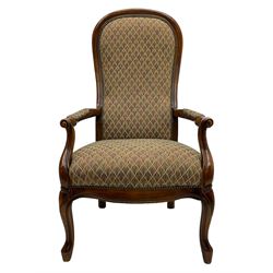 Stained beech framed open armchair, upholstered in foliate pattern fabric, on cabriole front supports