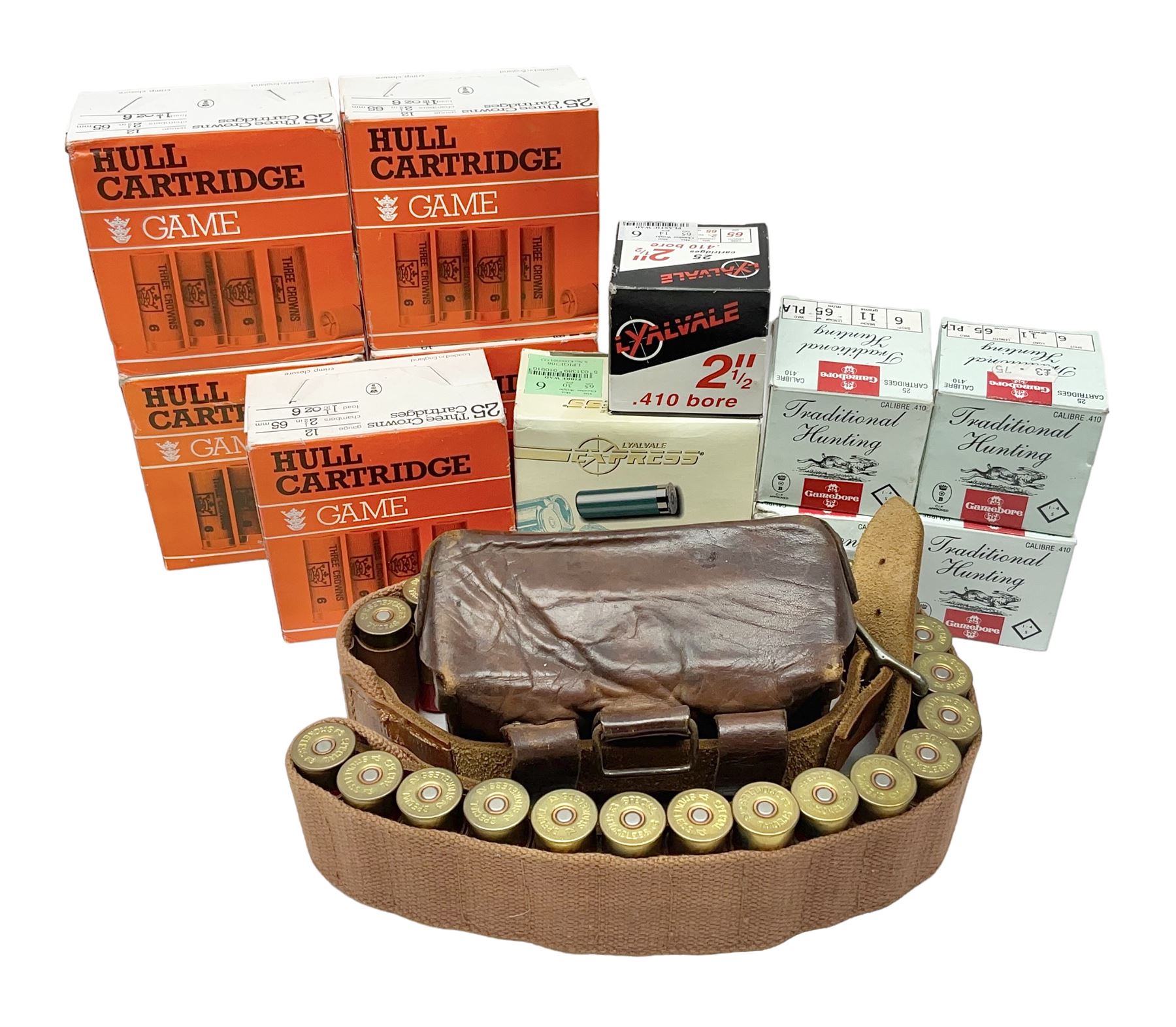 SHOTGUN CERTIFICATE REQUIRED - AMMUNITION - one-hundred and seventy-six 12-bore shotgun cartridges, boxed and in a leather cartridge belt with pouch; together with ninety-five .410 cartridges (seventy-nine 65mm and sixteen 50mm) in boxes