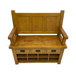 Light oak hall bench, tripled panelled back, fitted with drawers and shoe holes