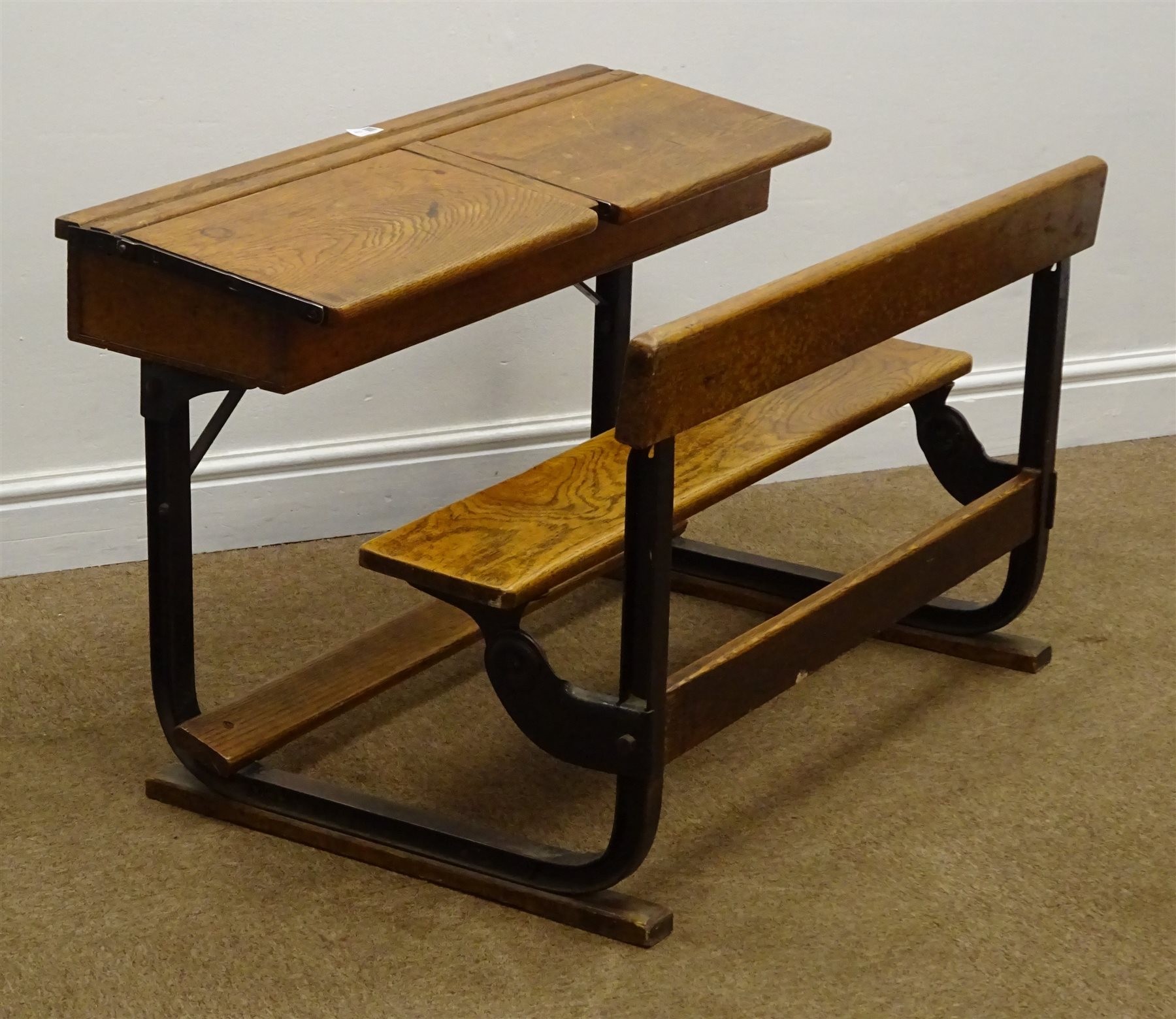 Late 20th century child's school desk, double hinged lids, folding