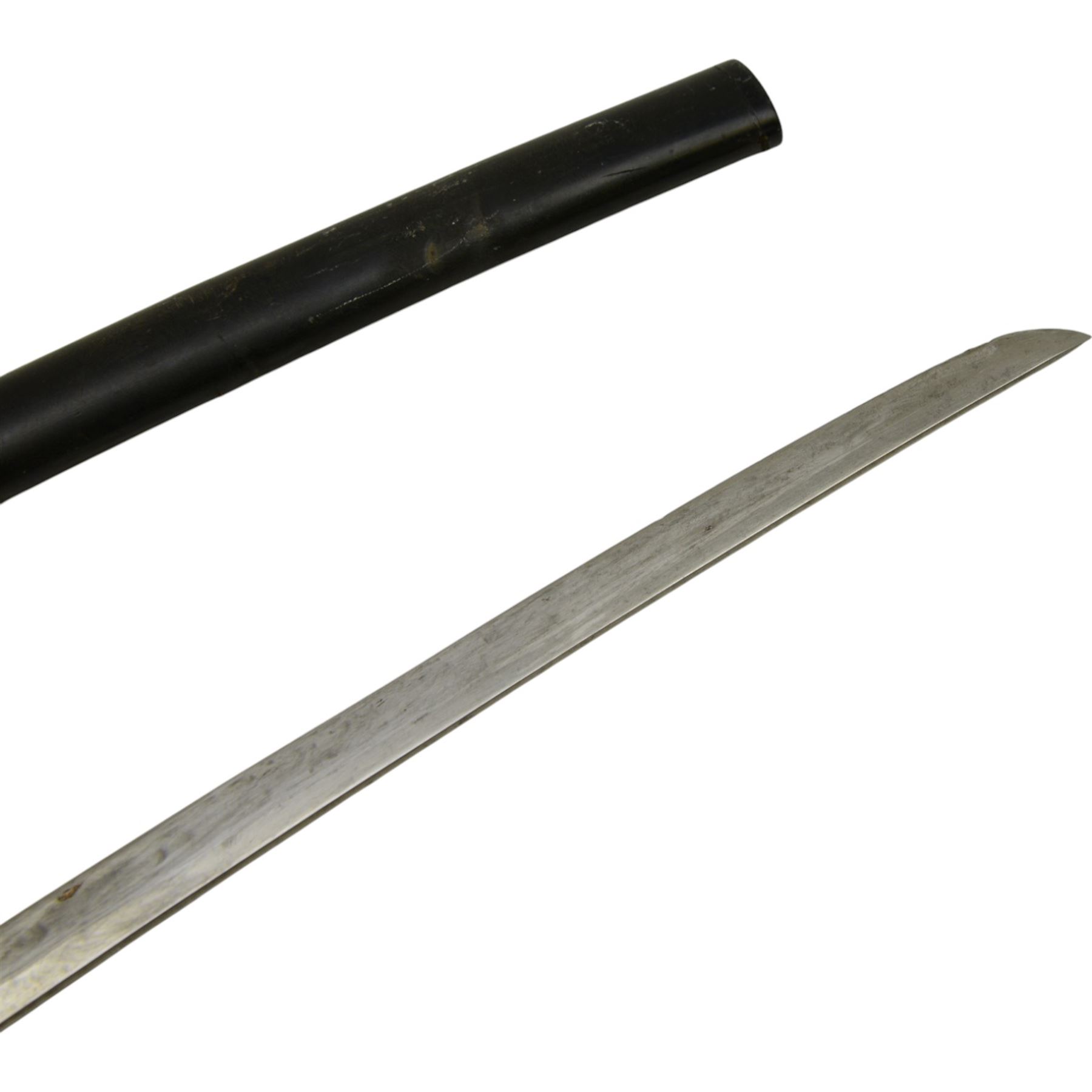 Replica Japanese katana with 63cm curved single edged blade in scabbard, overall L93cm, together with dagger with brass handle in a leather scabbard 
