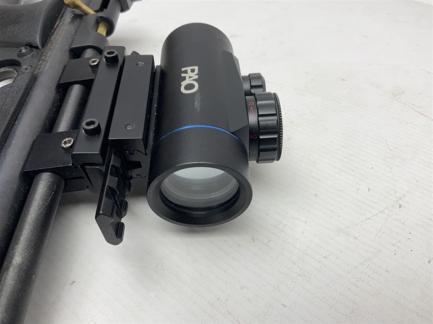 Crosman Model 2250B .22 cal. CO2 rifle, with PAO red dot sight and skeleton stock, serial no.221B76447, L77.5cm overall  NB: AGE RESTRICTIONS APPLY TO THE PURCHASE OF AIR WEAPONS.