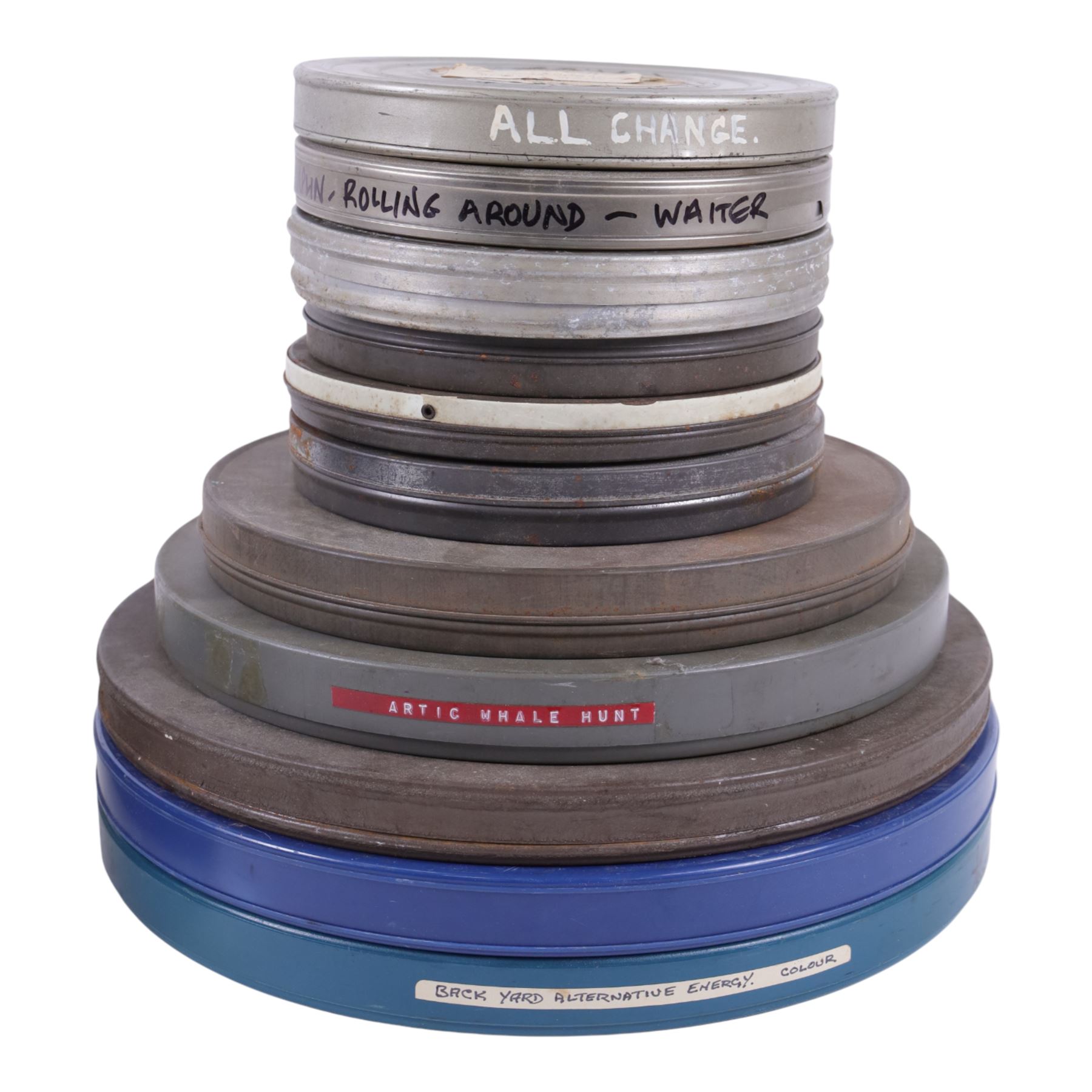 Collection of 9.5mm and 16mm cine film reels, mostly silent black and white with some notched examples, including 'Antarctic Whale Hunt' with sound, 'White Flame', 'The Good Old Days' electricity promotional, 'Rolling Around' Charlie Chaplin, etc, most in tin cases with hand written titles, together with two boxed sets of lantern slides, 'The Transvaal War', 'The Sweep & The Whitewasher' and 'Willies Revenge'