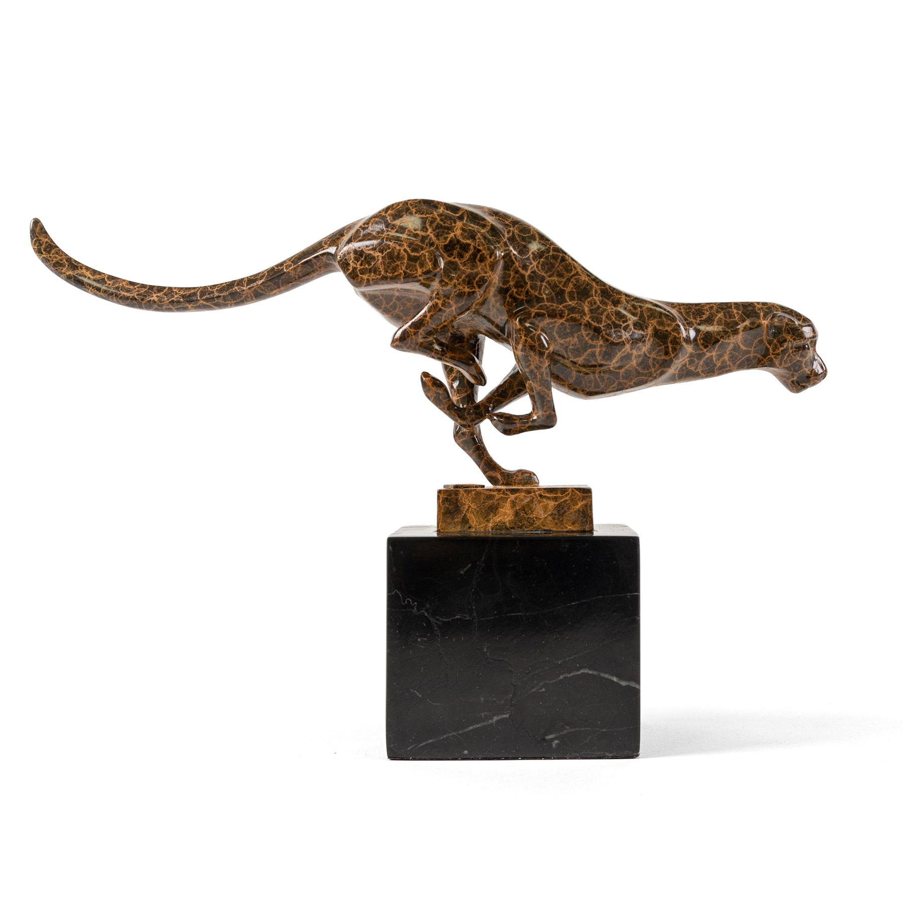 After Milo - Bronze two toned running cheetah, upon a rectangular marble base, with foundry mark, H20cm
