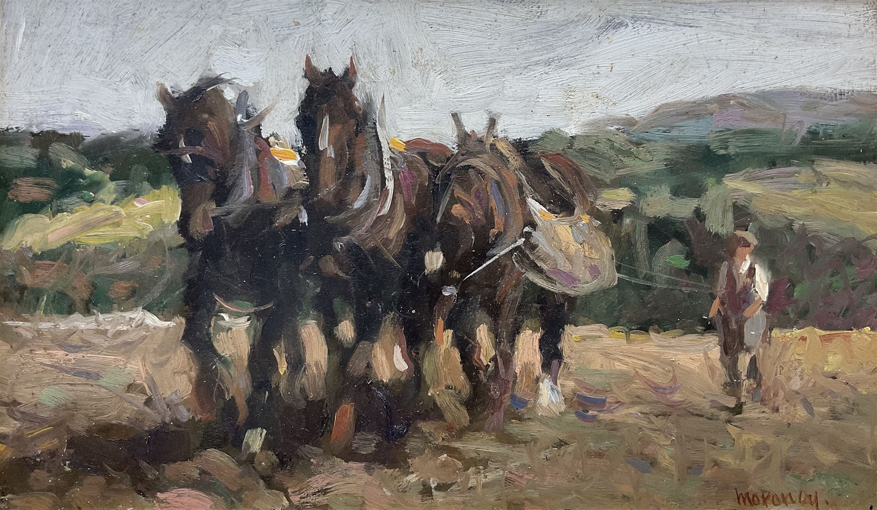 Ken Moroney (British 1949-2018): Three Heavy Horses, oil on board signed 17cm x 28cm