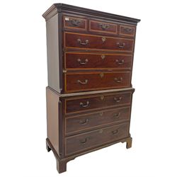19th century inlaid mahogany chest on chest, projecting stepped cornice over canted corners with fluting, fitted with three short and six long graduating drawers, cockbeaded drawers with satinwood band, on bracket feet