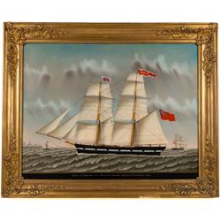 English School (19th century): 'Kezia of Whitby, Capt. William Steel, Passing Flushing, 1860', reverse painting on glass unsigned 56cm x 72cm