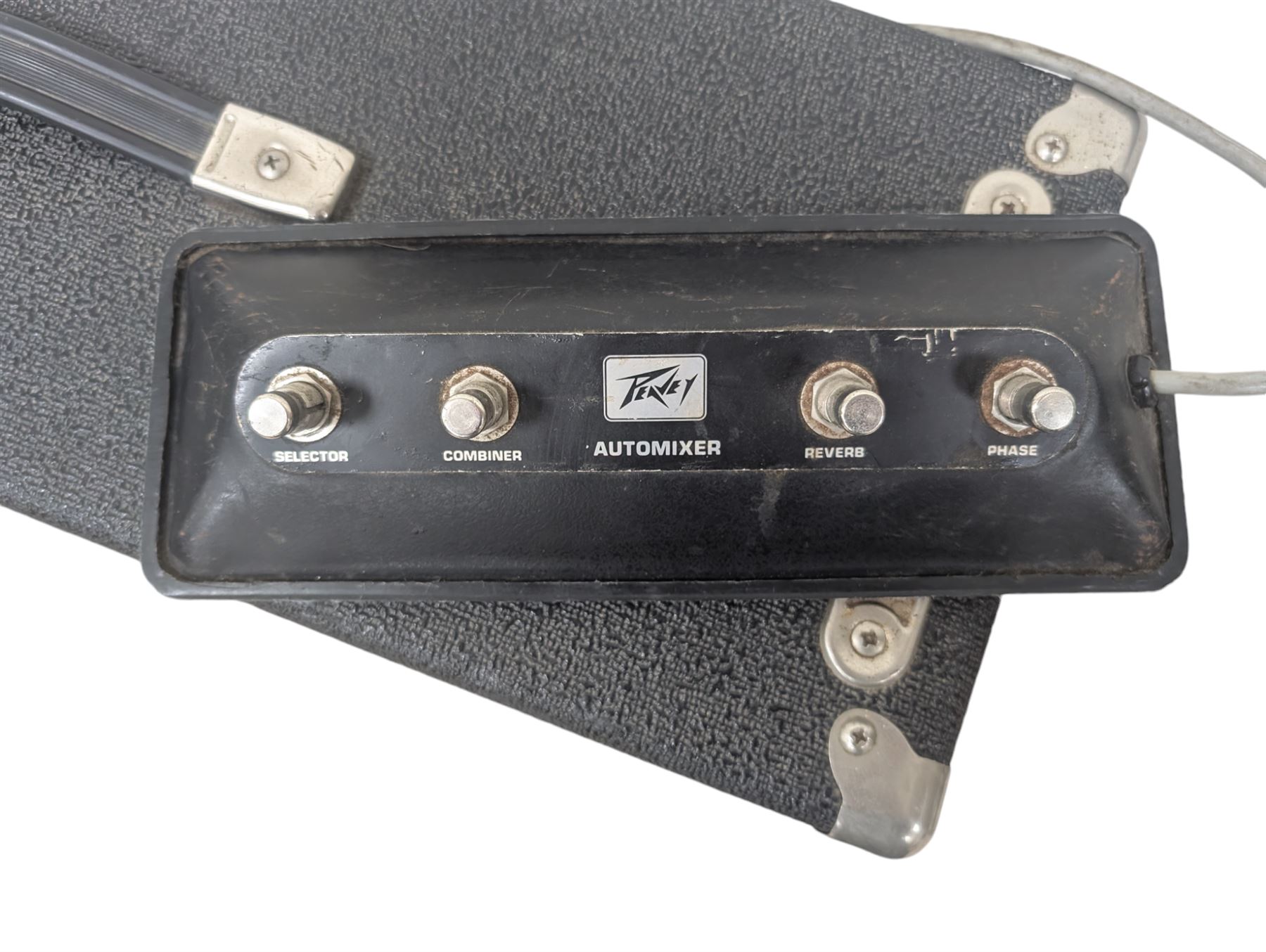 1970s Peavey 2 x 12 BW Mace guitar amplifier, serial no. 9A-468240, with a Peavey four-button Automixer foot pedal, H51cm, W67cm