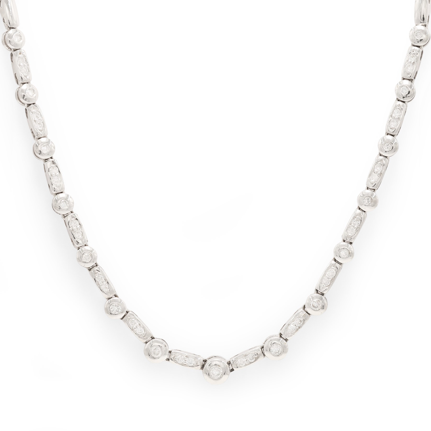 18ct white gold diamond necklace, bezel set with a single round brilliant cut diamond, spaced by two further diamonds, to a rectangular link necklace, London 2000, total diamond weight approx 0.75 carat