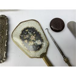 Glass dressing table tray, scent bottles and lidded bowl, metal mounted foliate design hair brushes and handheld mirrors etc