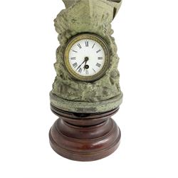 Edwardian - Large figural clock with a Verdigris finish mounted on a mahogany plinth, detailed depiction of a fisherman in a sailing boat entitled 