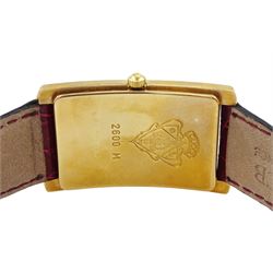 Gucci gold-plated rectangular quartz wristwatch, Ref. 2600M, red and silvered dial, on original red leather strap, boxed